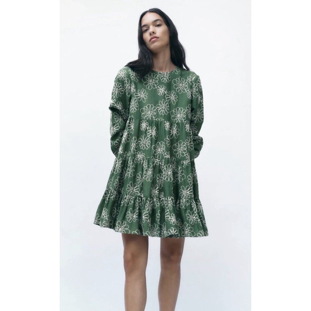 ZARA Green Diana Floral Embroidered Ruffle Frilled Hem Swing Dress Sz Medium